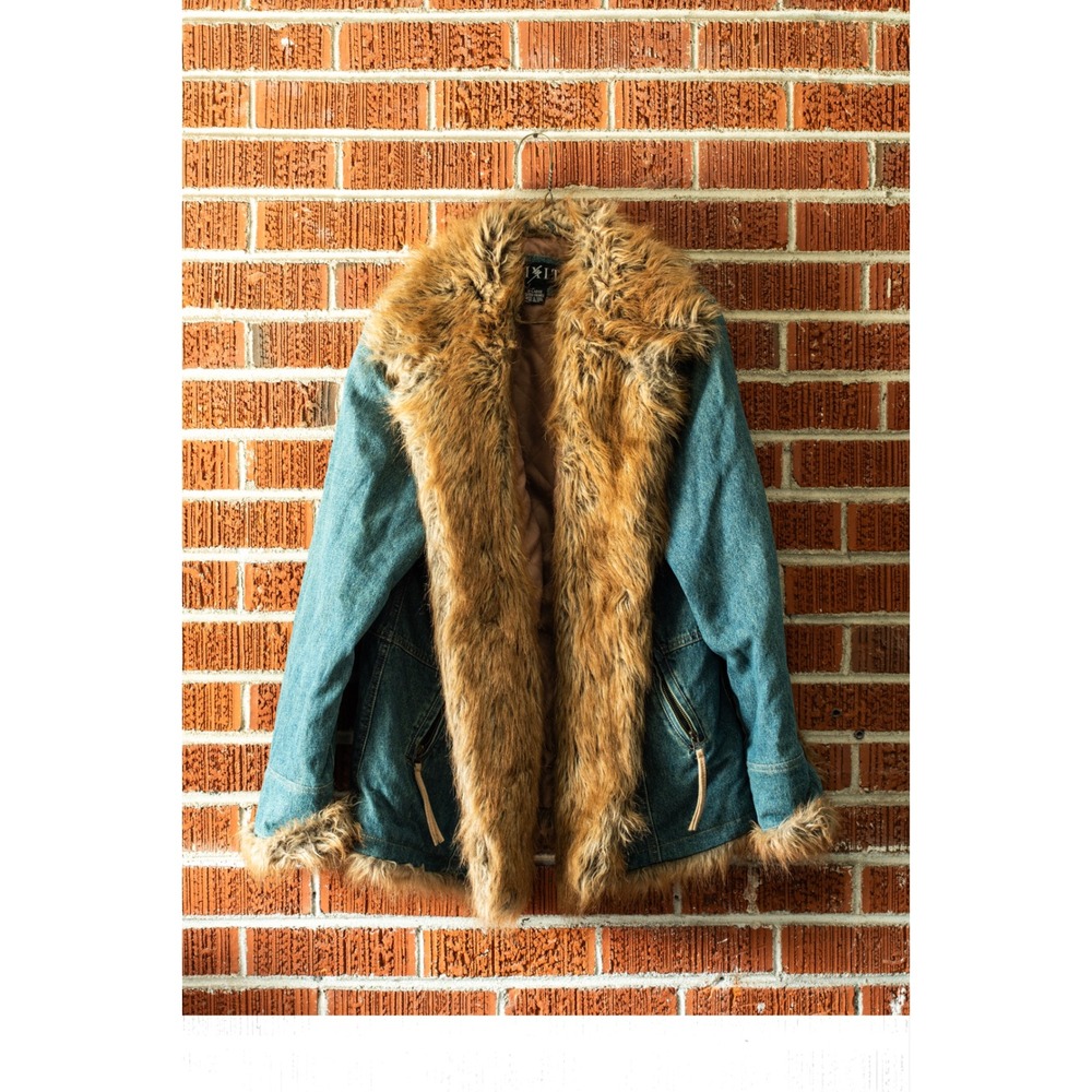 Mixit Denim Faux Fur Trim Jacket XL Medium Wash Quilted Lining Blue Brown